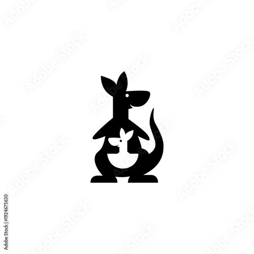 Kangaroo logo with pouch and child in black vector silhouette design style