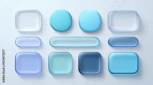 3d liquid glass ui design elements. Realistic white background glassmorphism round square buttons with matte effect and shade. Menu bars for smartphone screen web app. Vector isolated glass