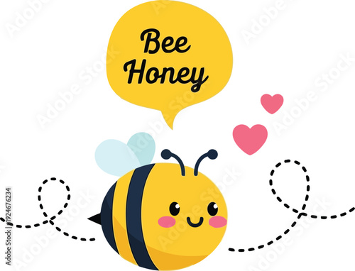 Cute Cartoon Bee with Honey and Hearts for Kids' Designs and Illustrations