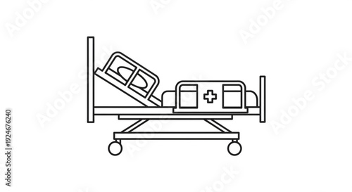Hospital bed with raised headboard and medical equipment on wheels in a clinical setting for patient care