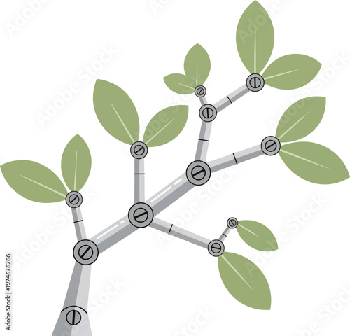 Modern Robotic Tree Branch with Green Leaves - Futuristic Nature Concept