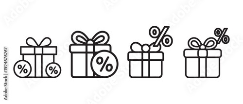 Set of gift box icons. with percentage discount symbols for holiday sales and marketing.