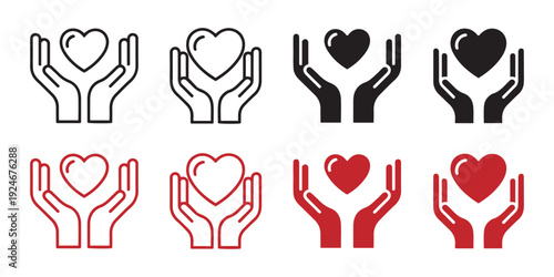 Hands holding heart icons set. in black and red colors for charity and care concepts.