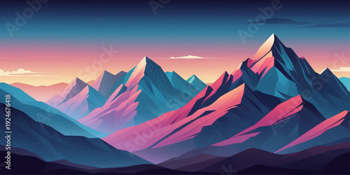 Scenic sunset and sunrise over snowy mountain peaks with a misty winter landscape and orange clouds above a deep valley panorama