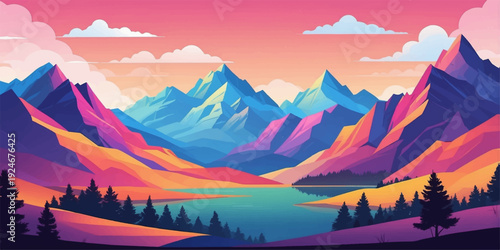 A serene nature landscape view of a morning sunrise and evening sunset over snow peaks and a misty forest valley with clouds in the blue sky