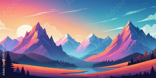 A breathtaking panorama of the sun rising over snow-capped mountain peaks and a misty valley under a glowing orange sky at dawn