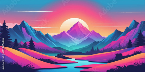 Beautiful mountain landscape view at sunrise and sunset with clouds and fog over the valley hills under a blue horizon sky in winter nature