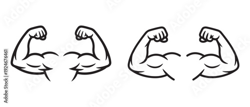 Two pairs of strong muscular arms flexing their biceps in a black and white line art style.