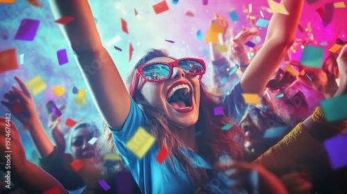 Woman celebrates with confetti party excited joyful expression cheerful event