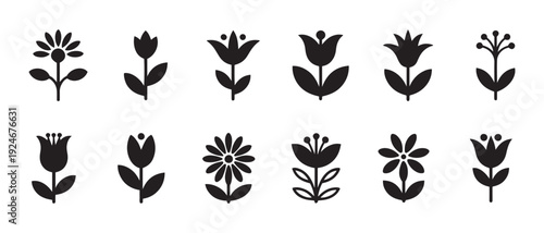 Collection of simple black flower silhouette icons with stems and leaves on white background.