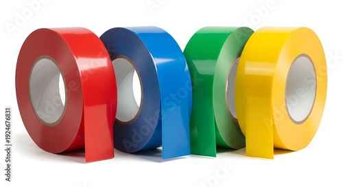Four Rolls of Colored Electrical Tape on White Background.