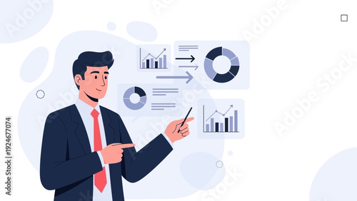 Business Analyst Presenting Financial Data and Charts on Whiteboard