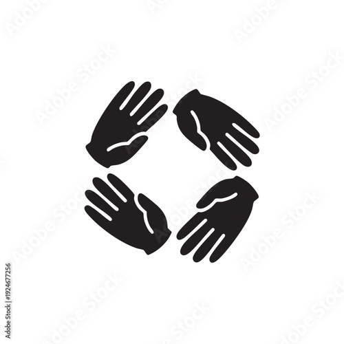 Four hands surrounding a central space in a circular formation, symbolizing unity and cooperation, in a minimalist illustration style