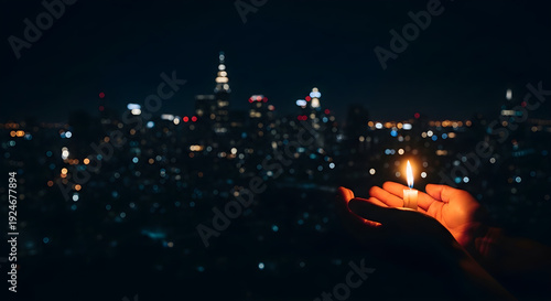 Powerful image of dark city skyline with a single candle representing collective action for energy conservation during Earth Hour.