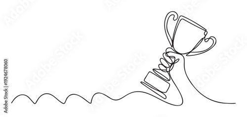 Minimalist continuous line drawing of a hand holding a triumphant trophy, symbolizing success and achievement, perfect for sports, business, or educational recognition graphics and prints.