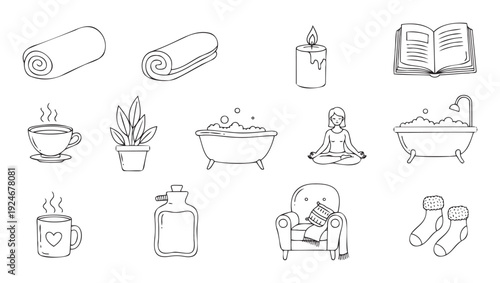 A comprehensive collection of cozy comfort and selfcare items including a lit candle, steaming hot beverages, bubble bath, meditation pose, and warm accessories perfect for relaxation,