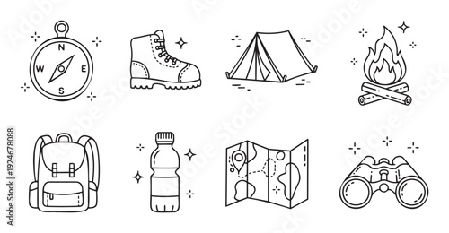 Collection of outdoor exploration and camping activity symbols perfect for representing adventures on digital interfaces and promotional materials