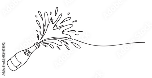 Energetic hand drawn champagne bottle exploding with a dynamic liquid splash, perfect for celebration announcements, party invitations, or New Year event promotions