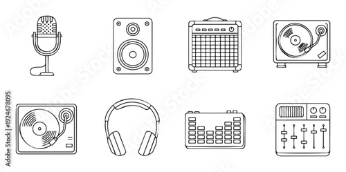 Collection of diverse audio equipment line icons for music production, sound engineering, DJ events, and podcasting technology presentations