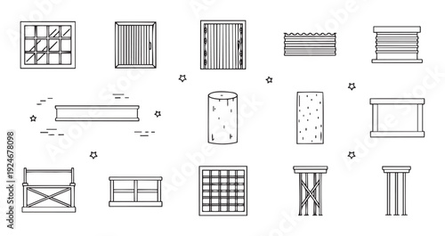 Collection of basic architectural components and construction line icons suitable for engineering diagrams building project plans and structural design presentations.