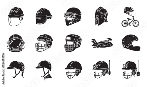 A collection of black and white silhouette icons featuring various types of helmets and protective headwear for sports, industry, and daily activities, useful for safety infographics and