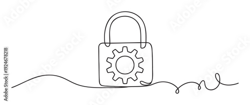 Continuous line drawing of a padlock with an integrated gear symbolizing security technology and protection systems for various business and data privacy applications.