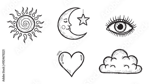 Collection of handdrawn mystical symbols featuring sun moon star eye heart and cloud in a rough sketch style, ideal for spiritual or celestial themed graphic projects and digital resources.