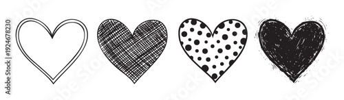 Variety of hand drawn heart symbols with different textures like simple outline, hatched fill, playful polka dots, and grunge style ideal for expressing love and affection in creative
