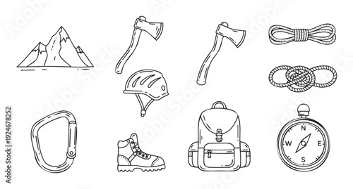Collection of outdoor adventure equipment including mountains axes rope helmet carabiner boot backpack and compass for various expedition journey travel and recreation activities