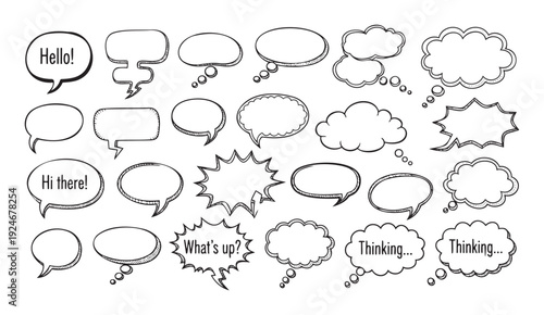 A collection of various hand drawn speech bubbles and thought clouds in a playful comic style provides versatile graphic elements for conveying dialogue, thoughts, and messages in creative