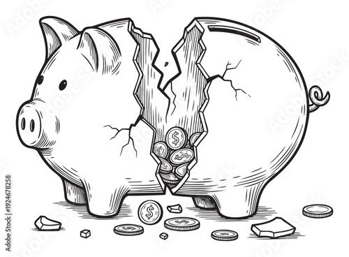 Broken piggy bank spilling dollar coins symbolizing financial problems and economic crisis for bankruptcy and savings issues
