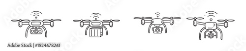 Line drawing of modern quadcopter drones used for aerial photography, package delivery, and surveillance with wireless signal transmission for technology and logistics applications