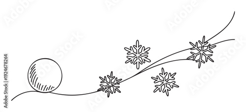 Minimalist continuous line drawing featuring a charming snowball and delicate snowflakes on a flowing curve, perfect for winter holiday greeting cards, festive invitations, and seasonal