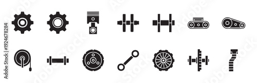 Collection of diverse mechanical and engineering parts black glyph icons representing various machinery components essential for industrial, automotive, and technological applications