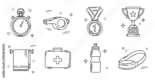 Collection of linear sport and fitness equipment icons featuring a stopwatch whistle medal trophy towel first aid kit water bottle and exercise band perfect for athletic and wellness