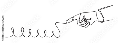 Continuous line drawing of a human hand with a pointing index finger interacting with a coiled spring line, symbolizing connection and communication for technology and business
