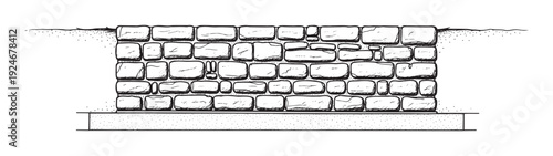 Hand drawn black and white cross section of a stone wall foundation showing masonry work and earth layers for architectural and construction related educational materials and informational