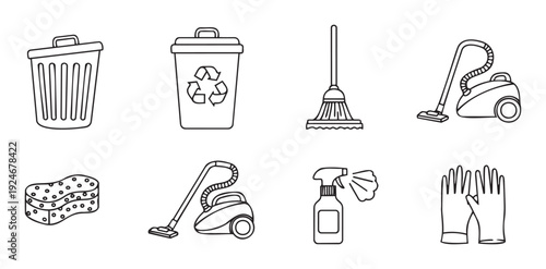 Comprehensive set of line icons depicting various cleaning supplies and garbage containers for home hygiene and waste management services applications