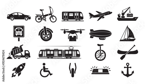 Diverse collection of transportation vehicle icons including car, airplane, ship, train, bus, and bicycle, perfect for various logistics, travel, and mobility applications