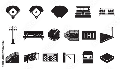 Comprehensive collection of baseball field elements and equipment icons for sports event graphics, stadium signage, game applications, or athletic activity promotions