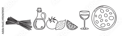 Delicious ingredients for Italian meals including dry pasta, olive oil, fresh tomato, lemon, wine, and pizza presented for cooking blogs, restaurant menus, and foodrelated projects.