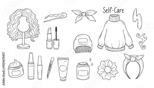 A collection of various selfcare and beauty items including makeup, hair accessories, and skincare products, perfect for illustrating wellness routines and personal pampering.