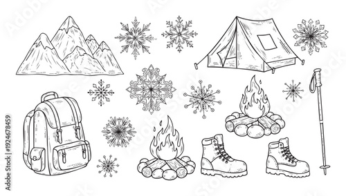 Winter outdoor recreation activity symbols including line art mountains campfires camping tent backpack hiking boots and snowflakes perfect for seasonal travel and adventure content.