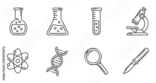 Collection of science related outline icons featuring laboratory glassware, a microscope, an atom, DNA, and a magnifying glass for educational and research applications
