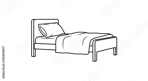Simple Line Art Single Bed with Pillow and Blanket, Minimalist Bedroom Furniture Icon