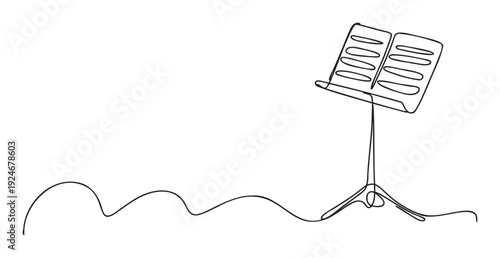 Continuous line drawing of a music stand holding sheet music, symbolizing a creative flow perfect for music lessons, concert programs, or studio advertisements.