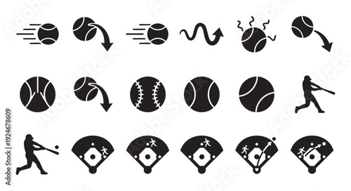 Dynamic baseball and tennis sports icons depicting various ball movements, a player hitting, and a baseball field, ideal for athletic app interfaces, game development, or sport event