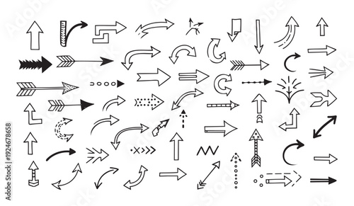 Diverse collection of handdrawn doodle arrows pointing in various directions, perfect for graphic projects, user interface guidance, or informational displays.