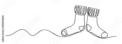 A minimalist single continuous line drawing of two cozy socks perfect for simple graphic projects related to warmth and comfort or for textile product packaging