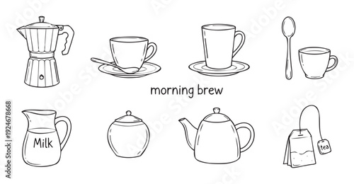 A collection of hand drawn line art icons for morning brew essentials including coffee pots, tea cups, milk jugs, and sugar bowls for cafe menus or kitchen decor